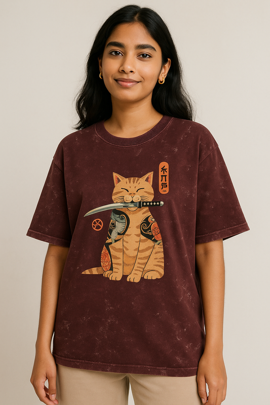 Acid Washed Boyfriend Samurai Cat T-Shirt